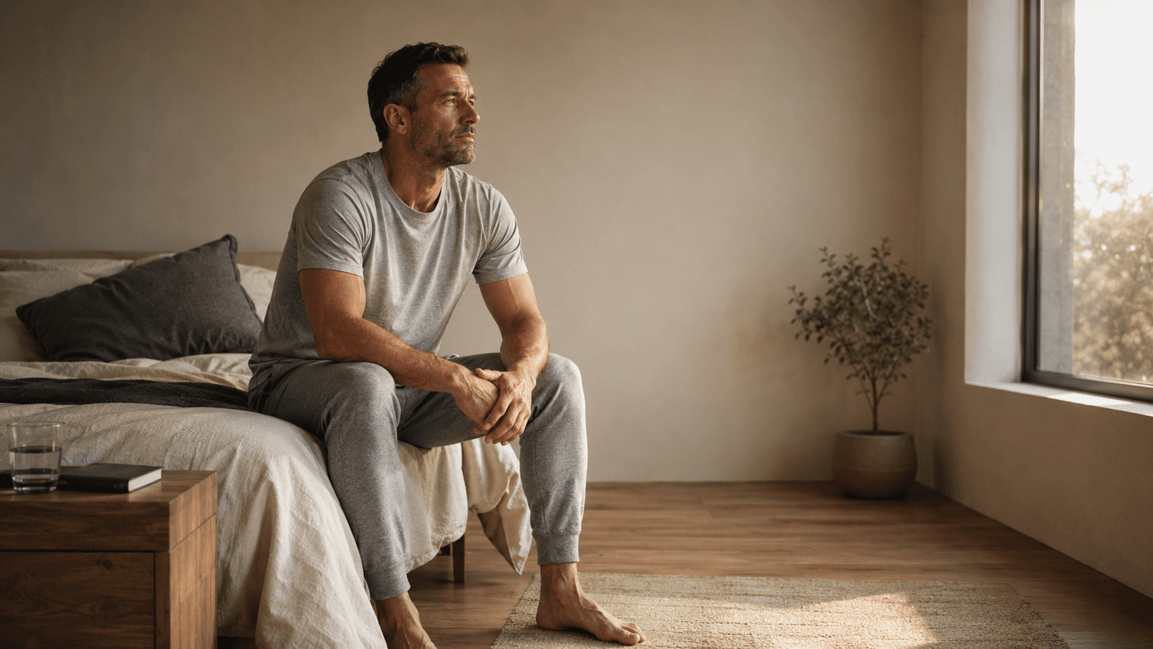 A man sitting on the edge of his bed in a calm, sunlit bedroom, reflecting on the start or end of the day — illustrating the central role of sleep in male testosterone, mood and mental resilience