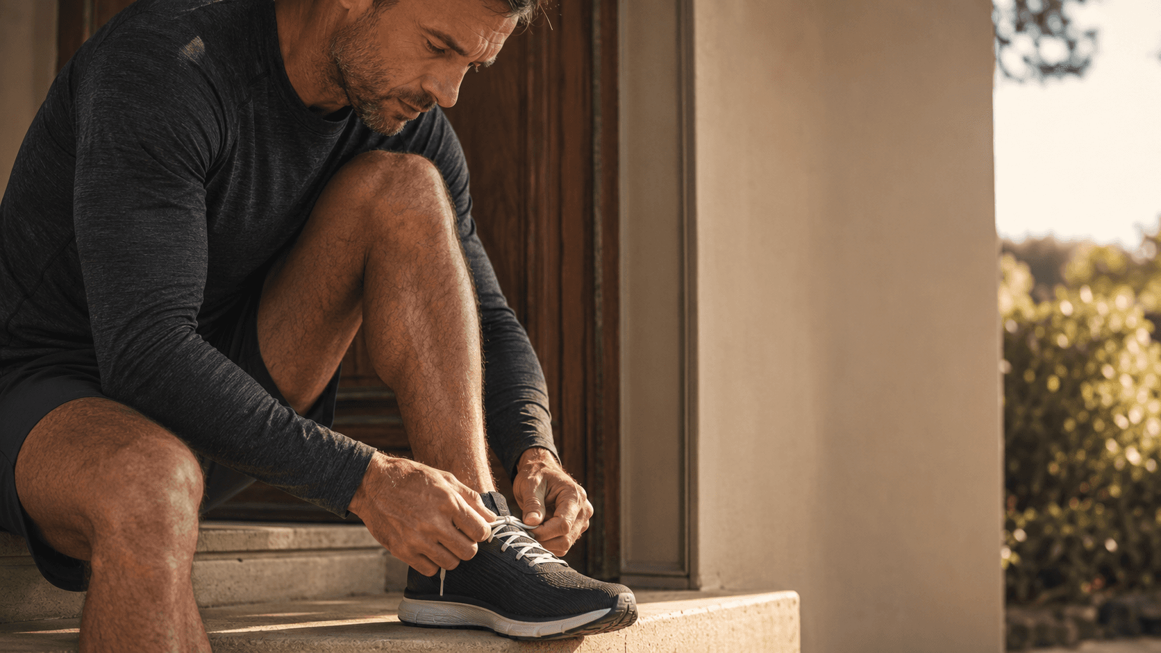 A man tying his trainers on a sunlit doorstep before heading out, embodying the practical first step of moving the body daily to support male mental health