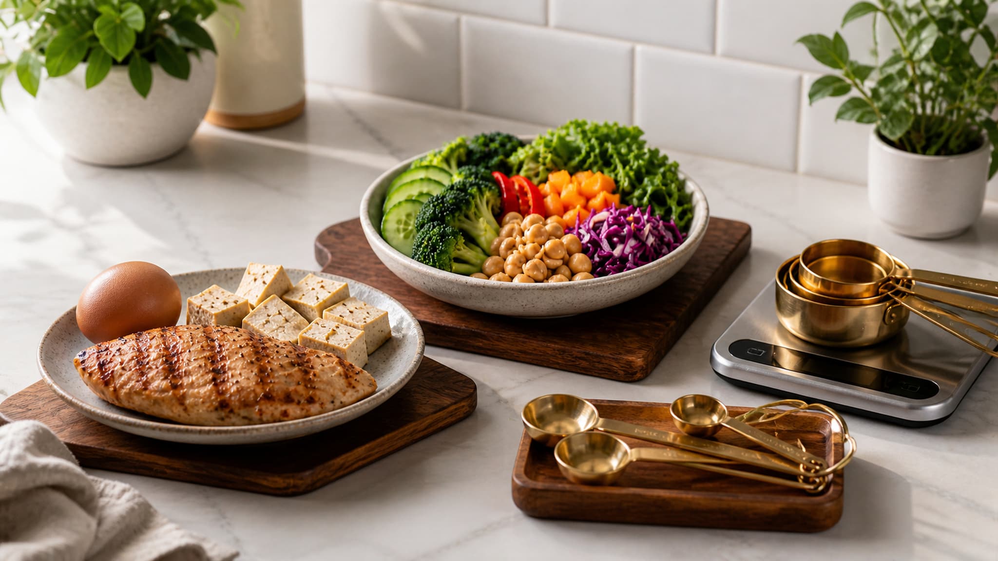 A clean kitchen counter with simple whole foods arranged clearly — conveying the simplicity of nutrition fundamentals