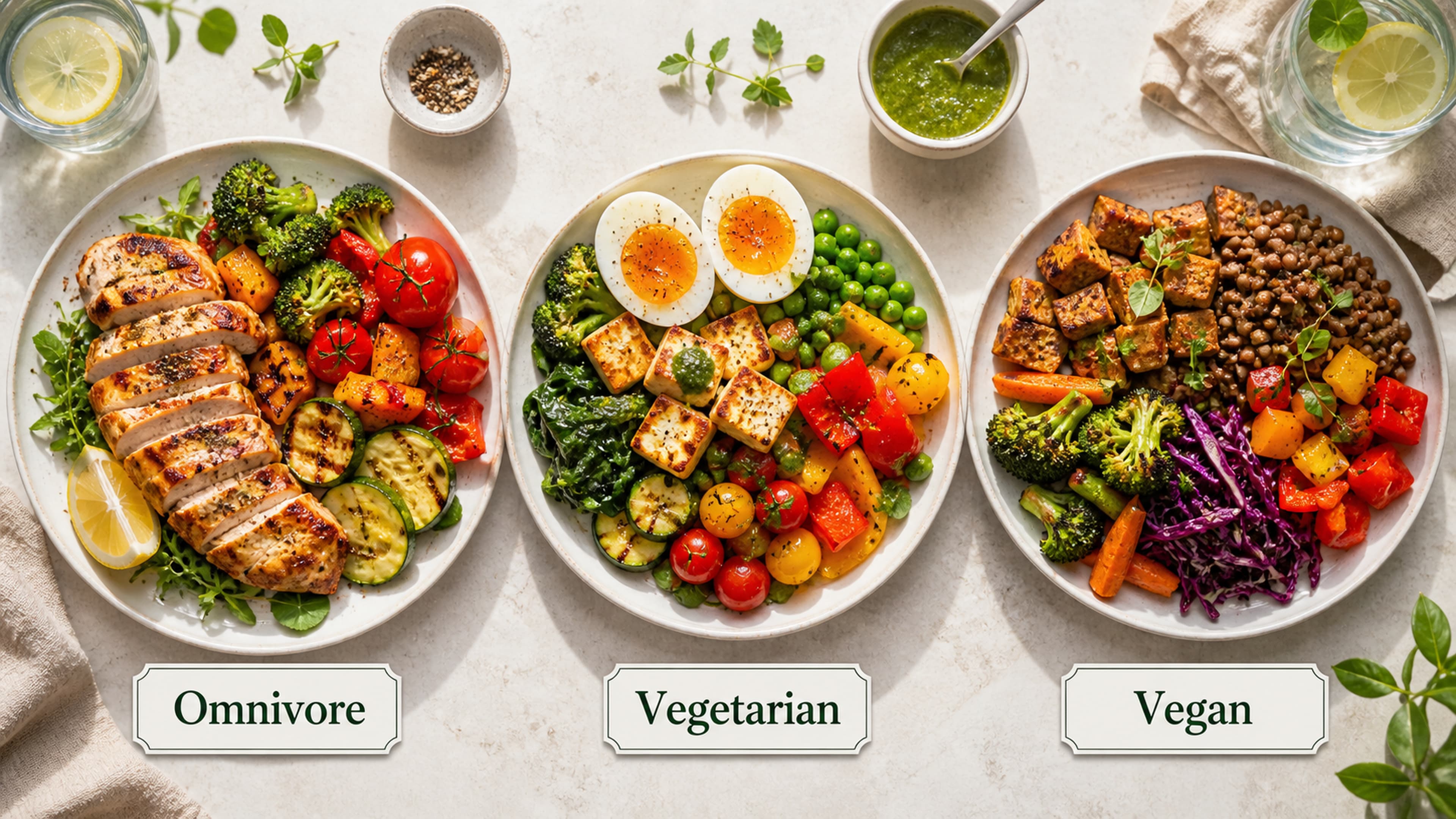 High-protein meals showing options across different dietary preferences — omnivore, vegetarian, and vegan sources all meeting the same protein targets