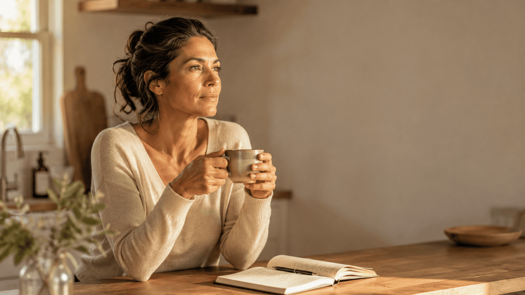 A woman in her early 40s in a GP consultation reviewing FSH, LH and oestradiol blood test results, illustrating the article's point that early perimenopause is frequently missed because the initial hormonal shift is a progesterone decline that precedes any change in standard oestrogen-focused testing