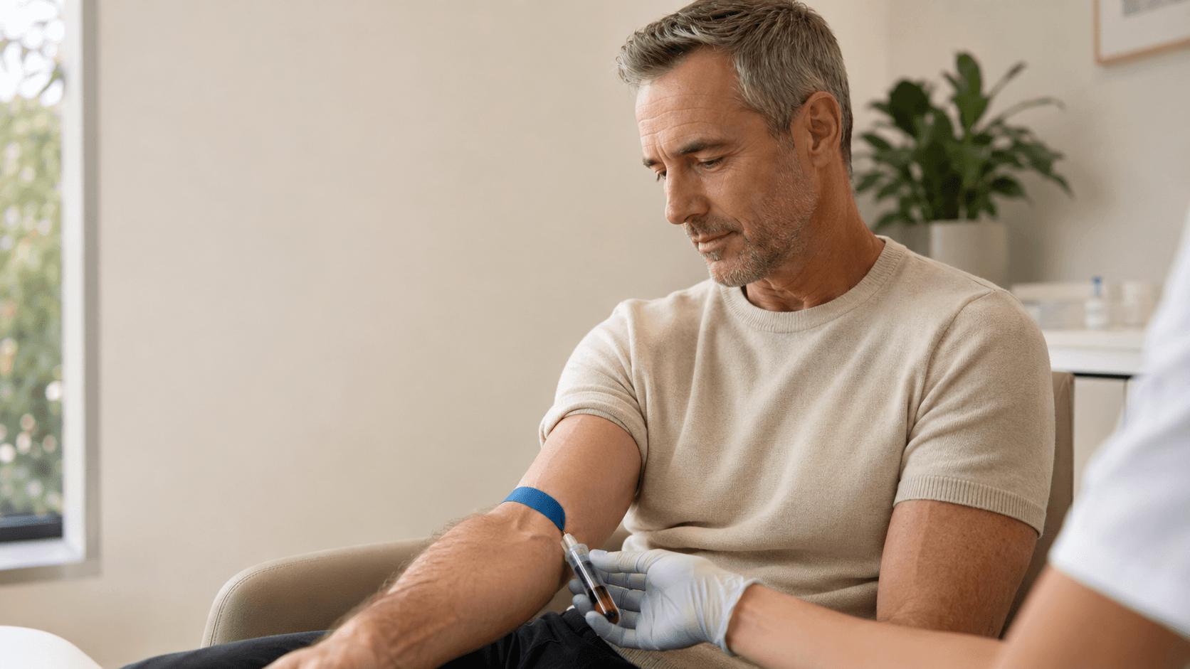 A silver-haired man past 50 sitting calmly in a clinical chair having a PSA blood draw, a phlebotomist's gloved hand and labelled blood tube visible — capturing the simple, low-friction informed-consent PSA test that establishes a baseline number on a man's file and the trend over time that a single in-range reading alone cannot provide