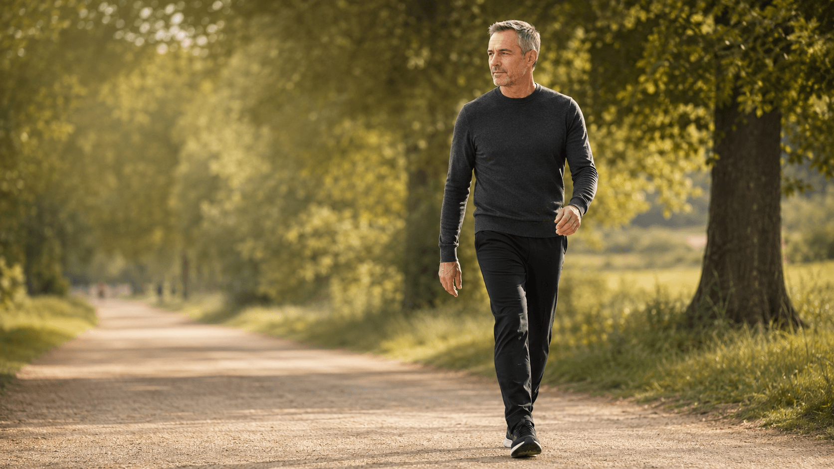 A silver-haired man past 40 walking briskly along a tree-lined country path at golden hour in athletic kit — capturing the modifiable lifestyle lever with the strongest evidence base for prostate health: regular physical activity, with vigorous exercise associated with around a 31 percent reduction in the risk of advanced or fatal prostate cancer alongside reduced visceral fat, lower IGF-1 and lower systemic inflammation