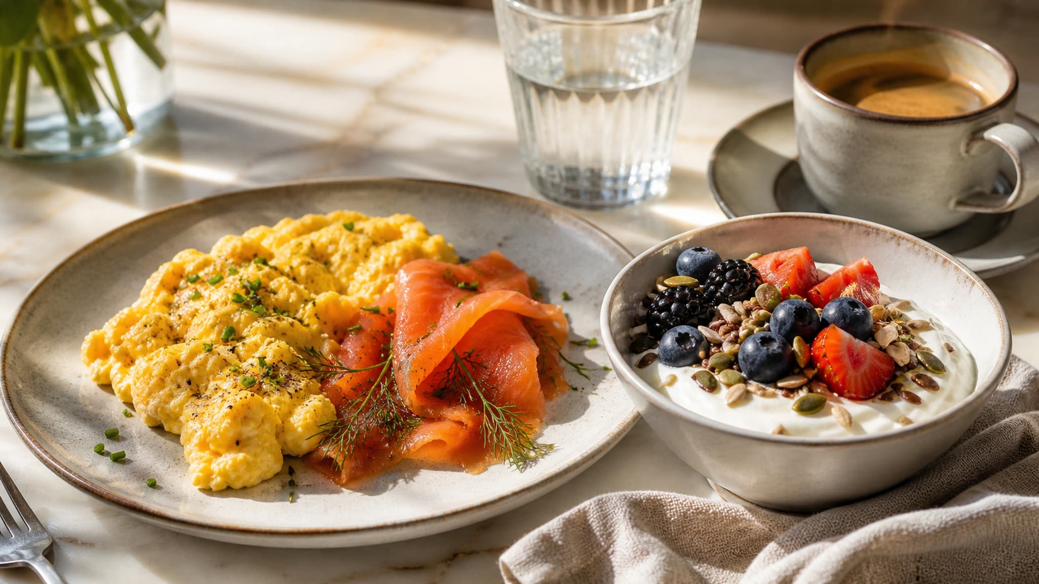 A beautifully presented high protein breakfast with scrambled eggs, smoked salmon, Greek yoghurt topped with berries and seeds, in warm morning light