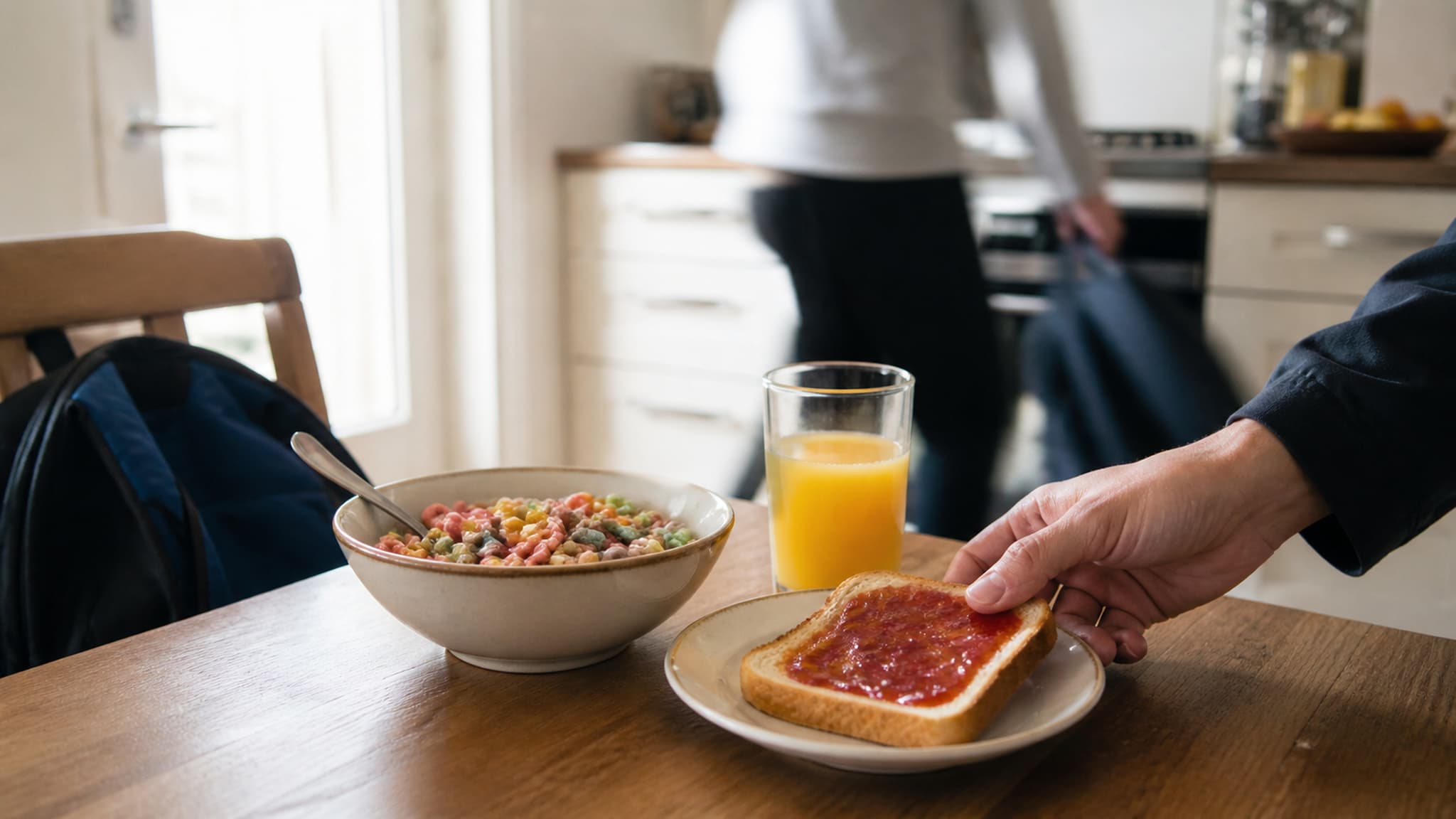 A typical low-protein breakfast of cereal with milk