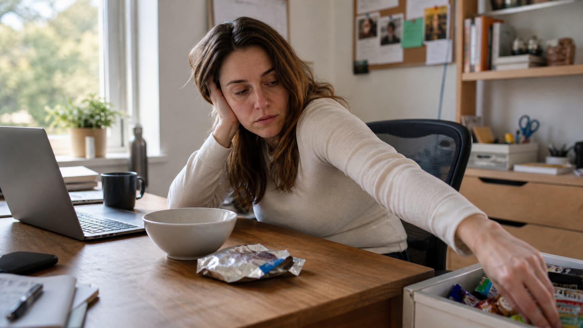 A person at their desk mid-morning looking tired and reaching for a snack