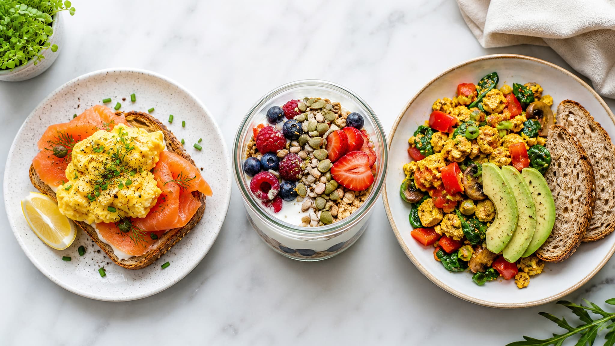 High-protein breakfast options including eggs on toast with vegetables