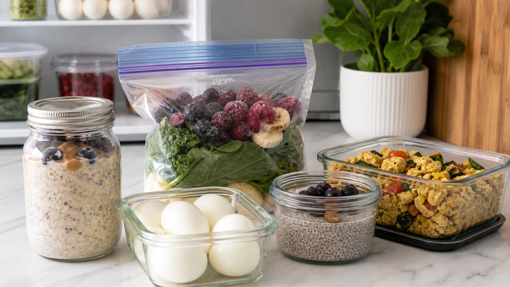 Make-ahead breakfast options including overnight oats and prepared protein-rich meals