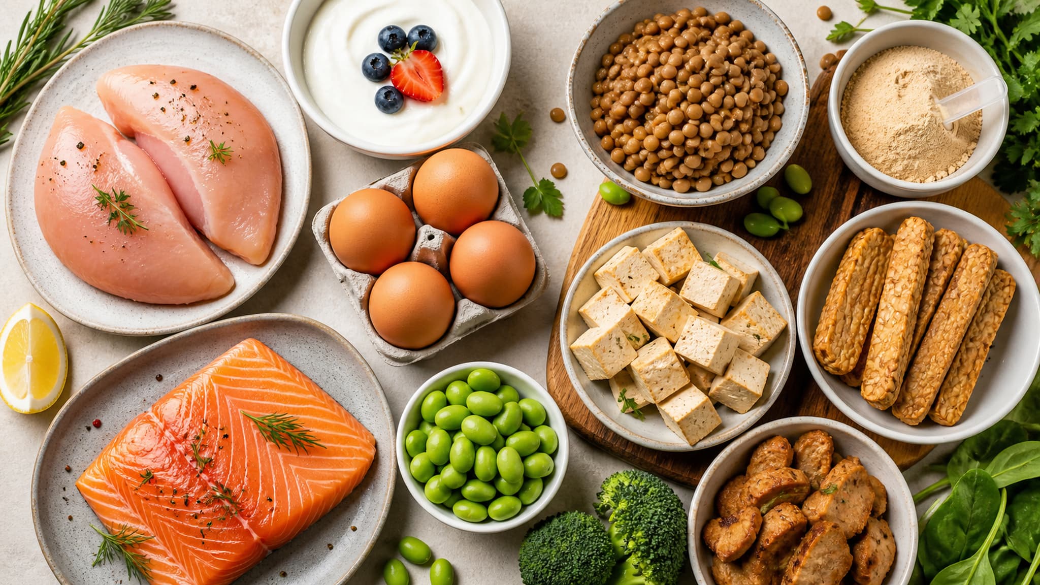 A spread of high-protein foods from diverse dietary backgrounds including chicken, salmon, eggs, Greek yoghurt, tofu, tempeh, lentils, and protein powder arranged on a clean surface