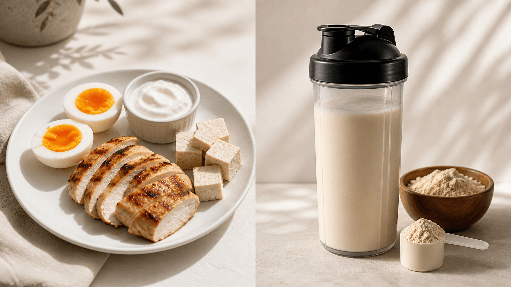 A selection of plant-based protein sources including tofu, tempeh, lentils, chickpeas, and edamame arranged on a clean surface