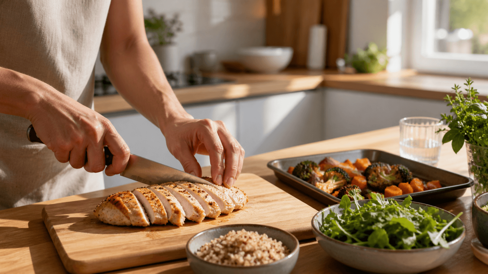 A well-balanced high-protein meal being prepared in a clean, modern kitchen setting
