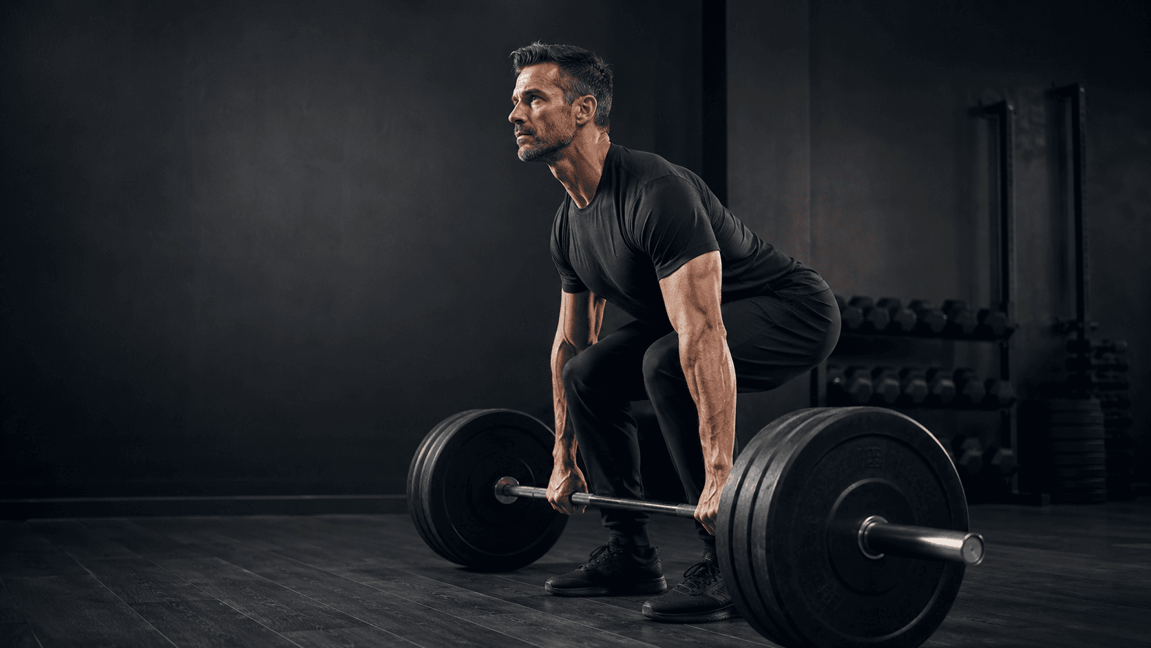 A person lifting weights in a gym, demonstrating compound movement form