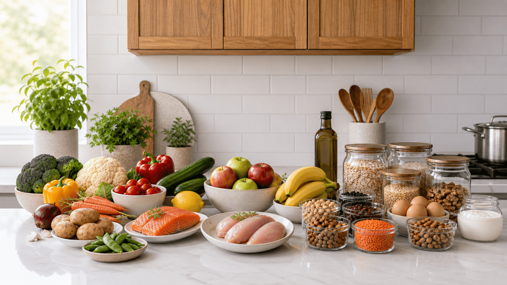 A top-down shot of a full weekly food shop laid out on a kitchen counter with fresh vegetables, fruits, lean proteins, eggs, grains, and olive oil