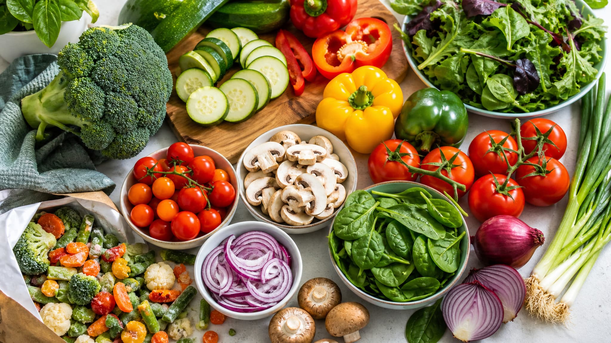 A vibrant selection of fresh vegetables and produce on a kitchen counter — broccoli, spinach, peppers, courgettes, and tomatoes — the high-fibre, low-calorie staples that belong on every shopping list