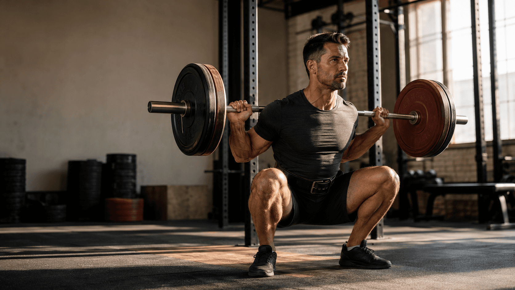 A man past 30 holding the bottom of a heavy barbell back squat in a sunlit industrial gym — the antidote to the skinny fat profile and the foundational stimulus that builds the muscle tissue a 'healthy' BMI alone never reveals you are missing