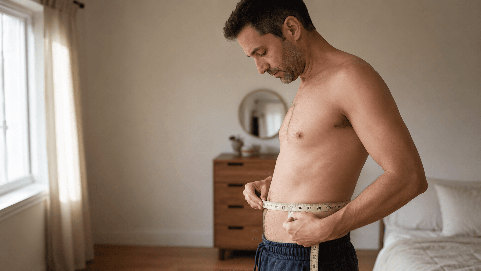 A man past 30 standing at home wrapping a tape measure around his waist at belly-button level — the simple, two-minute self-check that exposes the visceral fat a 'healthy' BMI hides and marks the at-risk threshold above 94cm where action becomes urgent