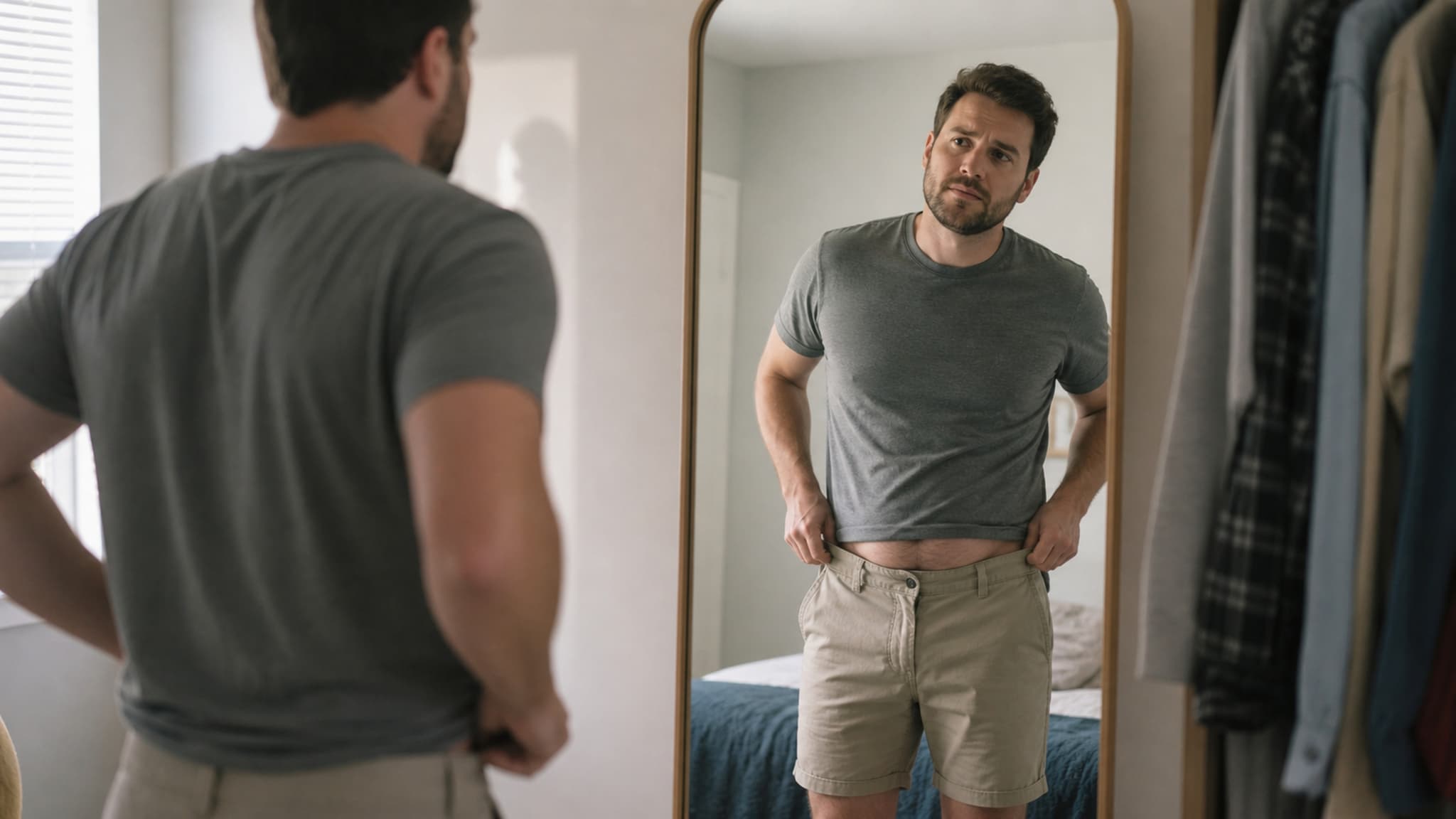 Person looking reflectively in a mirror, representing the moment of realising summer has undone months of progress