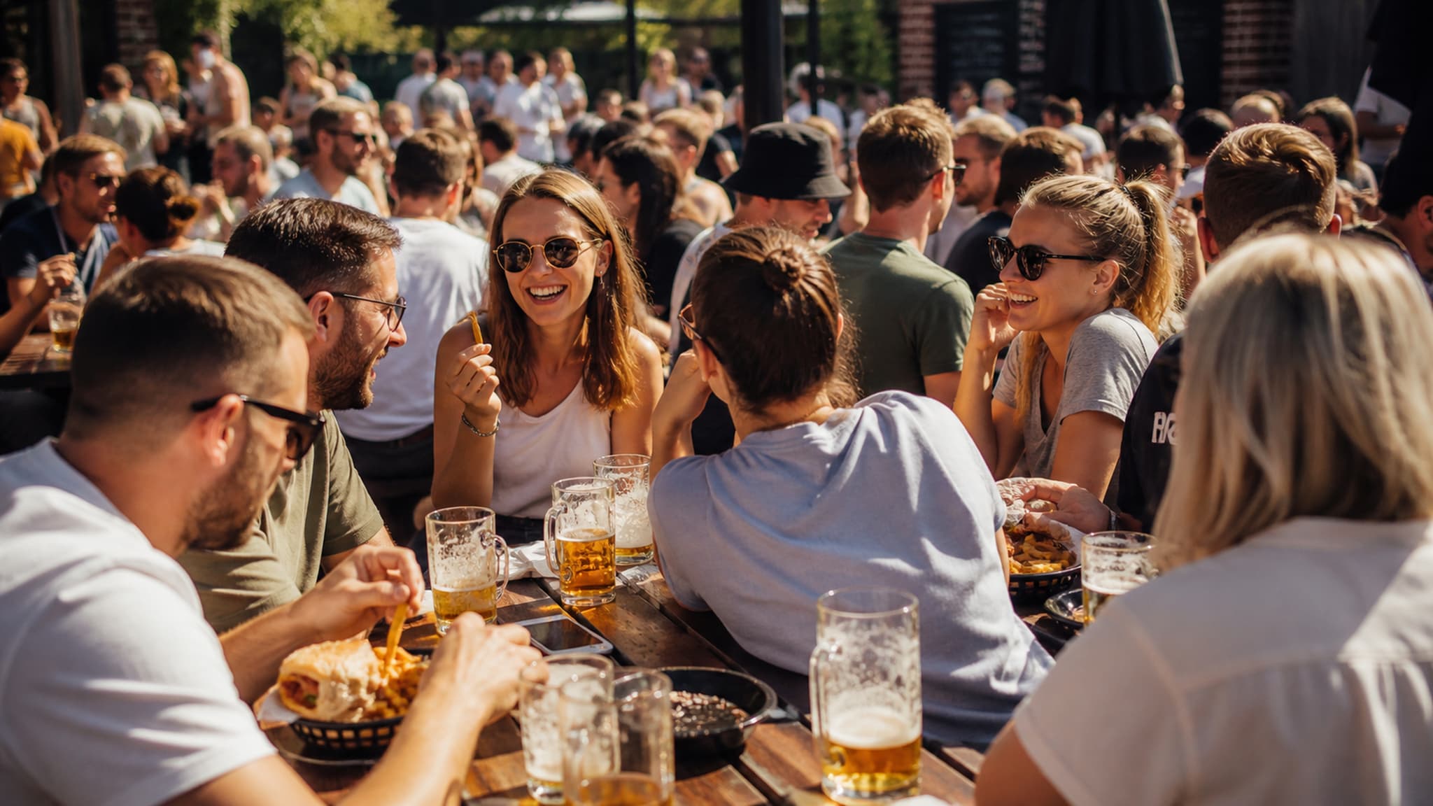 Busy outdoor summer social gathering with people eating, drinking, and socialising — the kind of unstructured environment where calorie awareness disappears