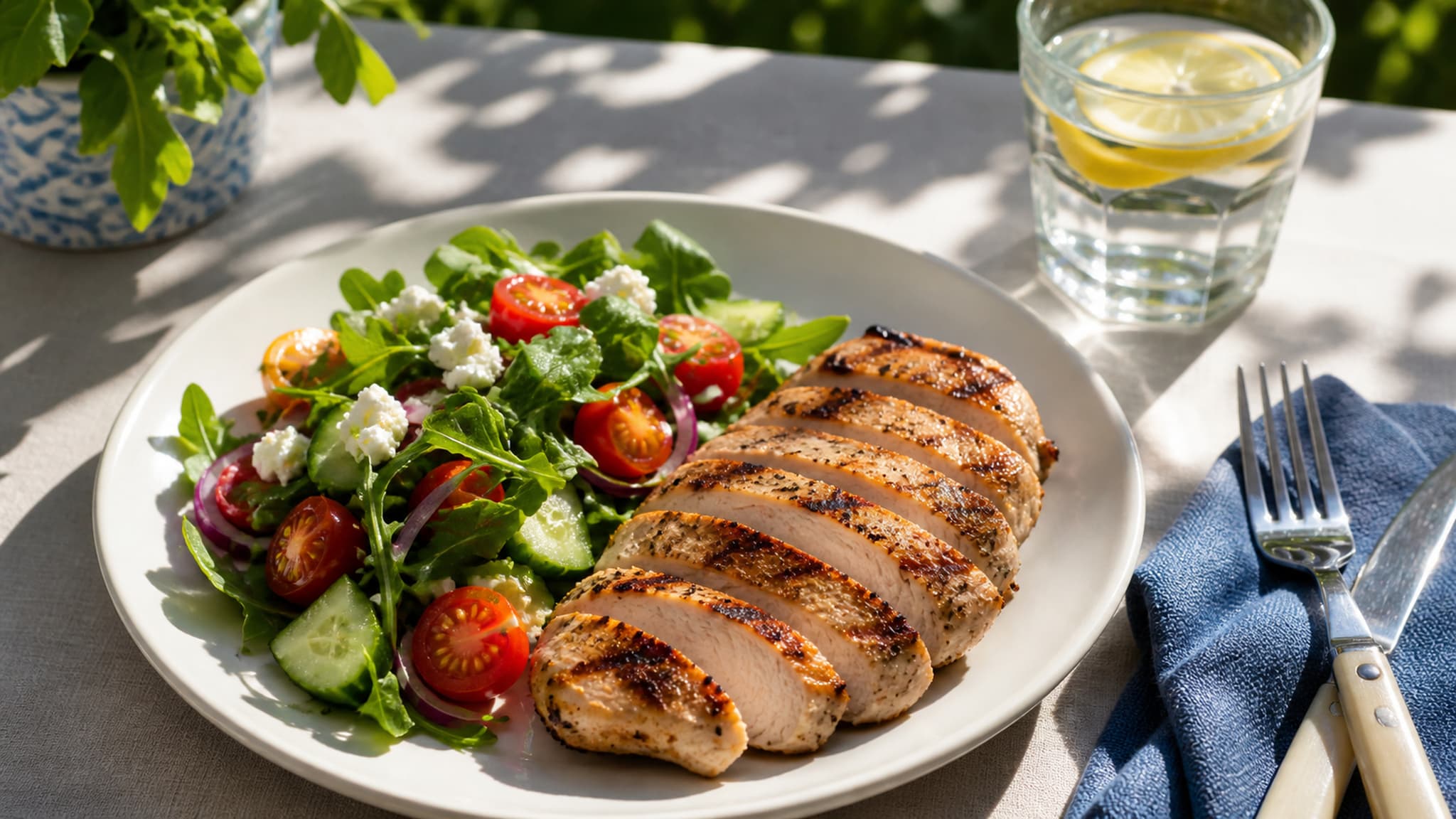 Calm, balanced meal with grilled salmon, fresh salad, and colourful vegetables — representing a smart maintenance-phase approach to summer eating