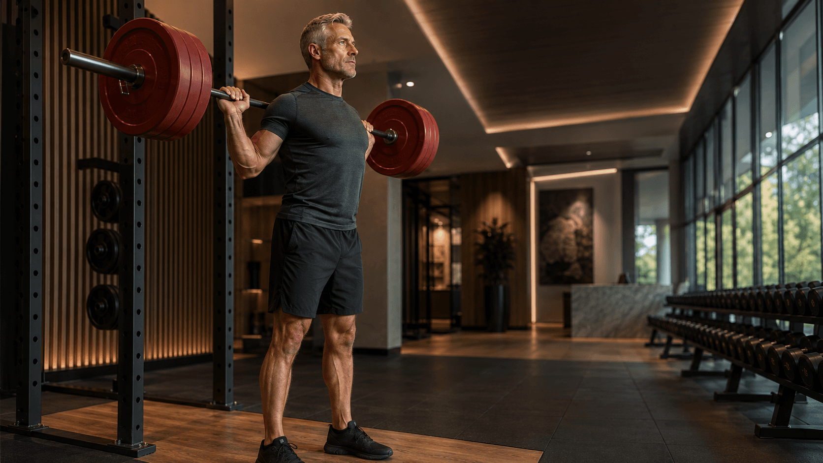 A strong, lean adult over 40 standing tall in a sunlit gym, embodying the central message of this guide that you can be strong, capable and healthy at any age when you train consistently