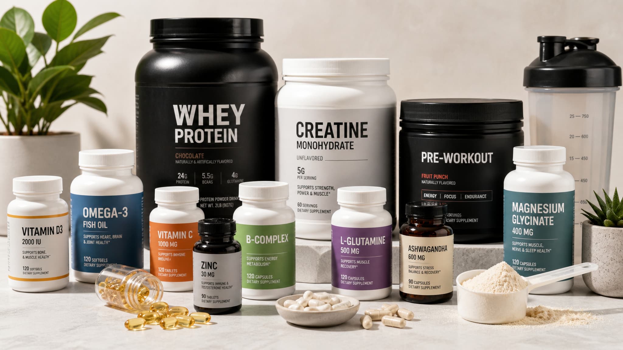A collection of supplement bottles, tubs, and capsules arranged on a clean surface representing the overwhelming choice consumers face
