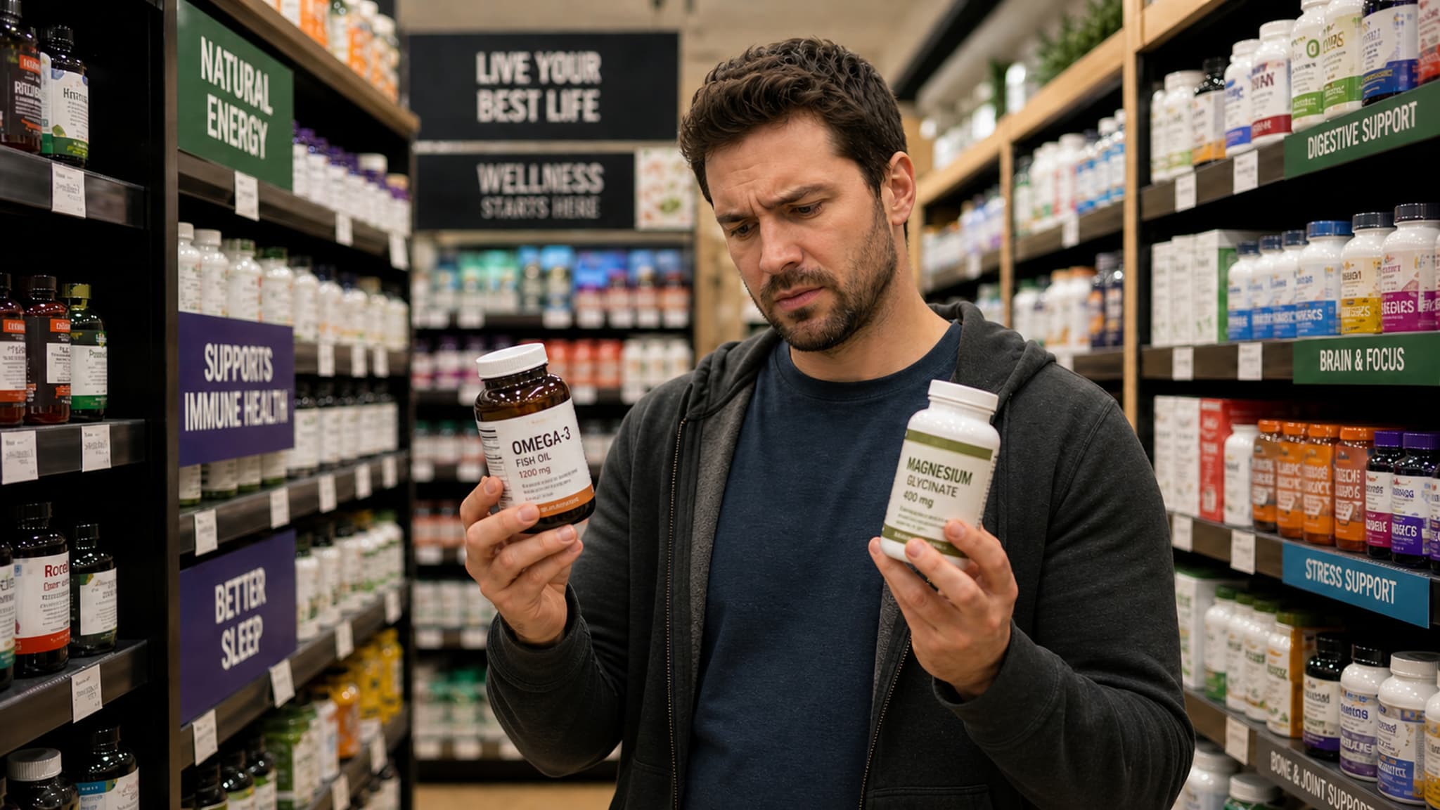 A person scrolling through their phone looking overwhelmed by supplement advertisements in a health food shop aisle