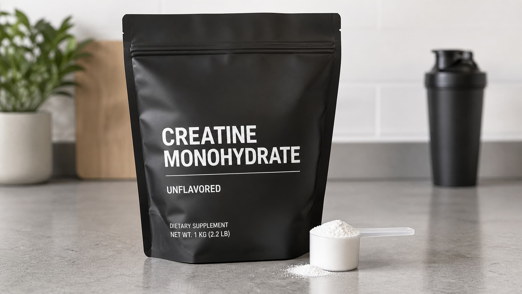 A tub of creatine monohydrate powder with a small scoop beside it, representing the most extensively researched sports supplement