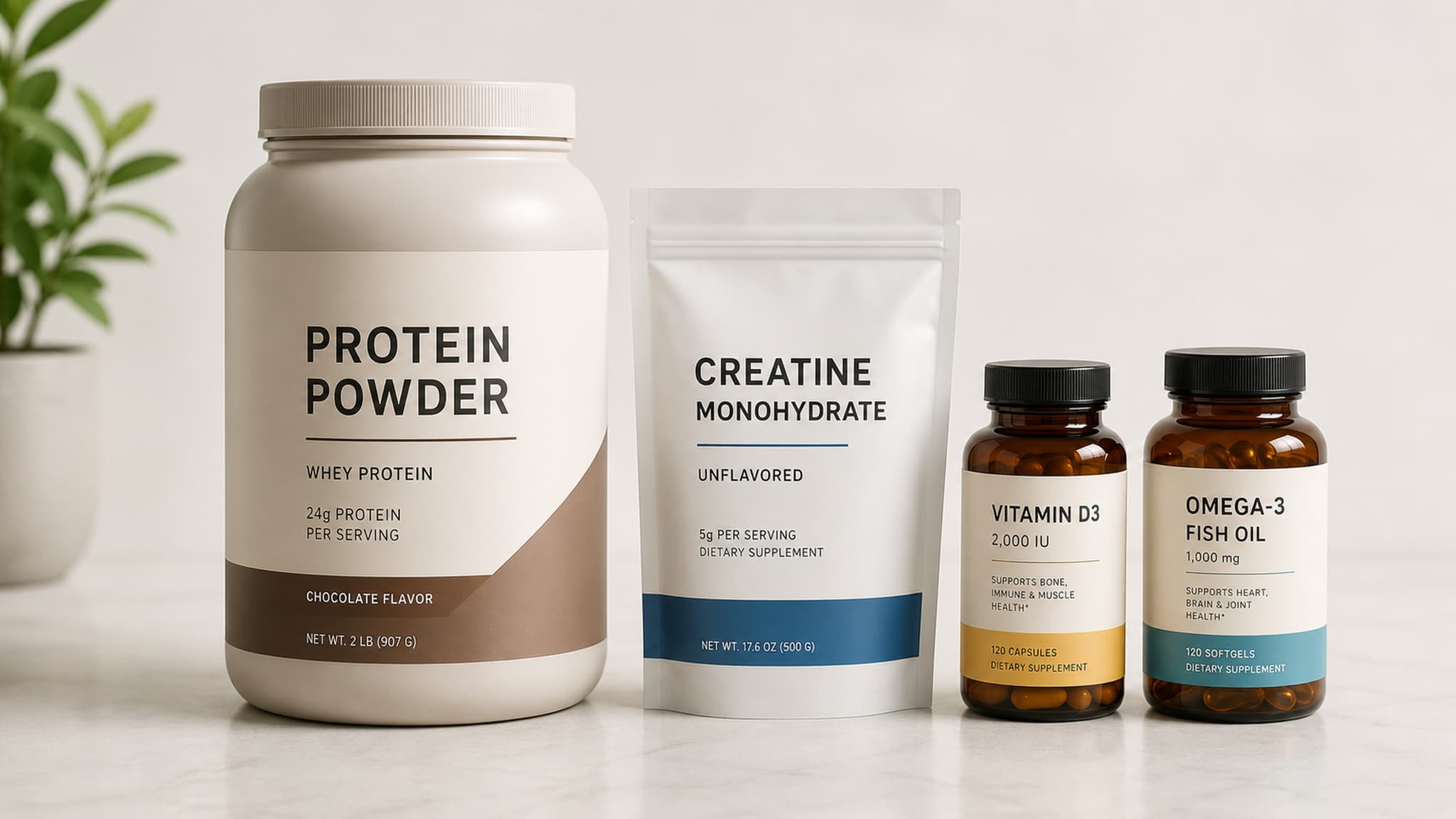 A curated selection of recommended supplements including protein powder, creatine, vitamin D, and omega 3 arranged on a clean surface