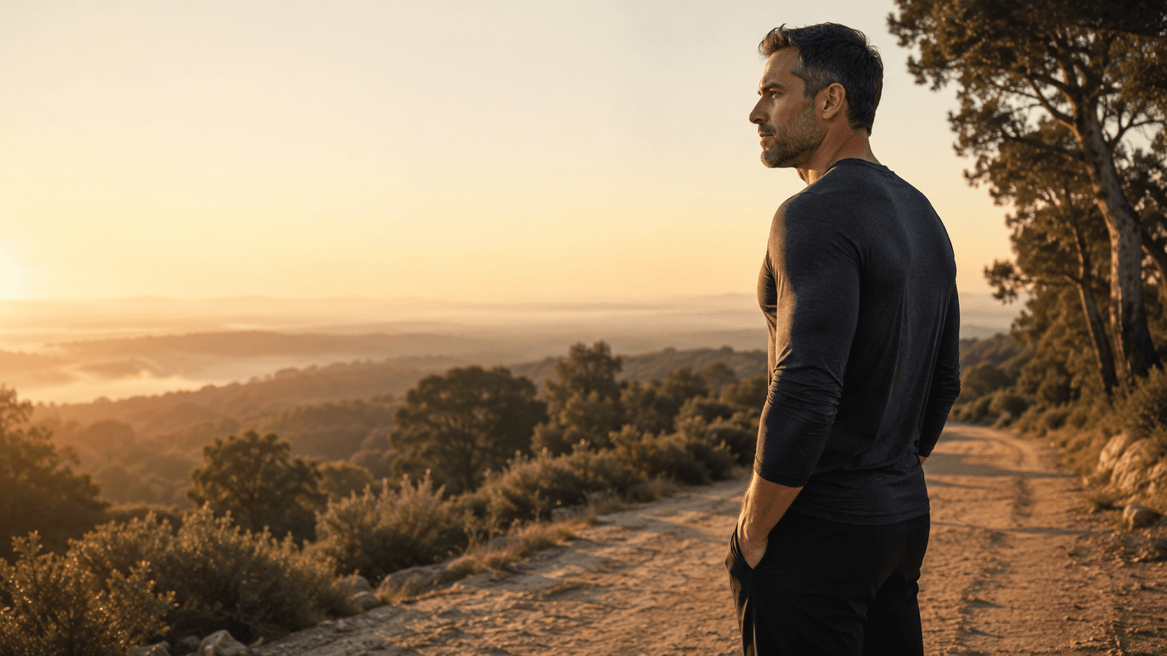 A lean, calm man past 30 in athletic kit standing at golden hour on a quiet hilltop track overlooking misty rolling hills — embodying the central message of this article that healthy testosterone is built outdoors, in the gym, in the kitchen and in the bedroom, not in a supplement bottle