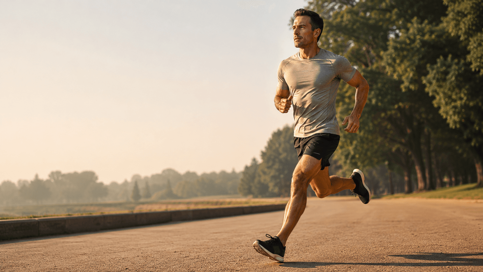 A lean, fit man past 30 sprinting along a sunlit park path with focused, athletic form — embodying the visible downstream effects of testosterone working properly across every system: muscle, body composition, energy, mood, libido and cardiovascular performance