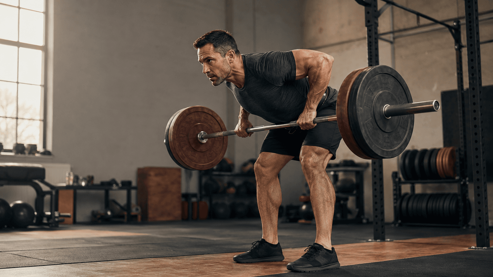 A muscular man past 30 holding the loaded top of a heavy barbell bent-over row in a sunlit industrial gym, illustrating that the large compound movements — squats, deadlifts, rows and presses — are the resistance training signal that drives the body composition changes underpinning healthier testosterone over time