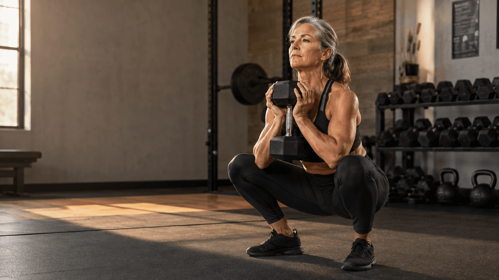 A woman in her 40s or 50s beginning a structured resistance training programme after years of cardio-dominant exercise, illustrating the article's point that the response to lifting remains robust at every age and that resistance training is the most direct route to reversing the sarcopenic obesity trajectory
