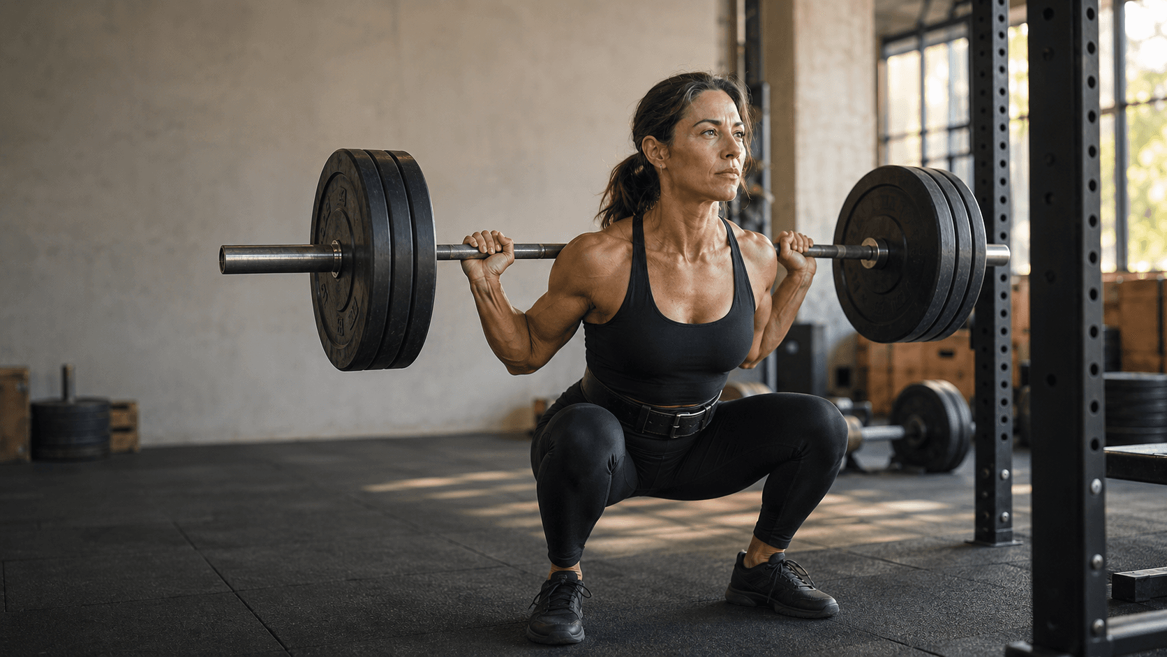 A woman performing a barbell squat or deadlift with focused intensity, demonstrating the compound resistance training movements and challenging loads that drive adaptation and progressive overload