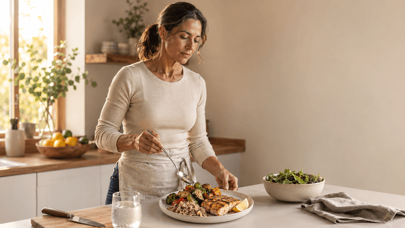 A balanced plate of whole foods built around a protein source with vegetables and complex carbohydrates, illustrating the protein-first meal structure that supports muscle, blood glucose stability, and appetite control for women