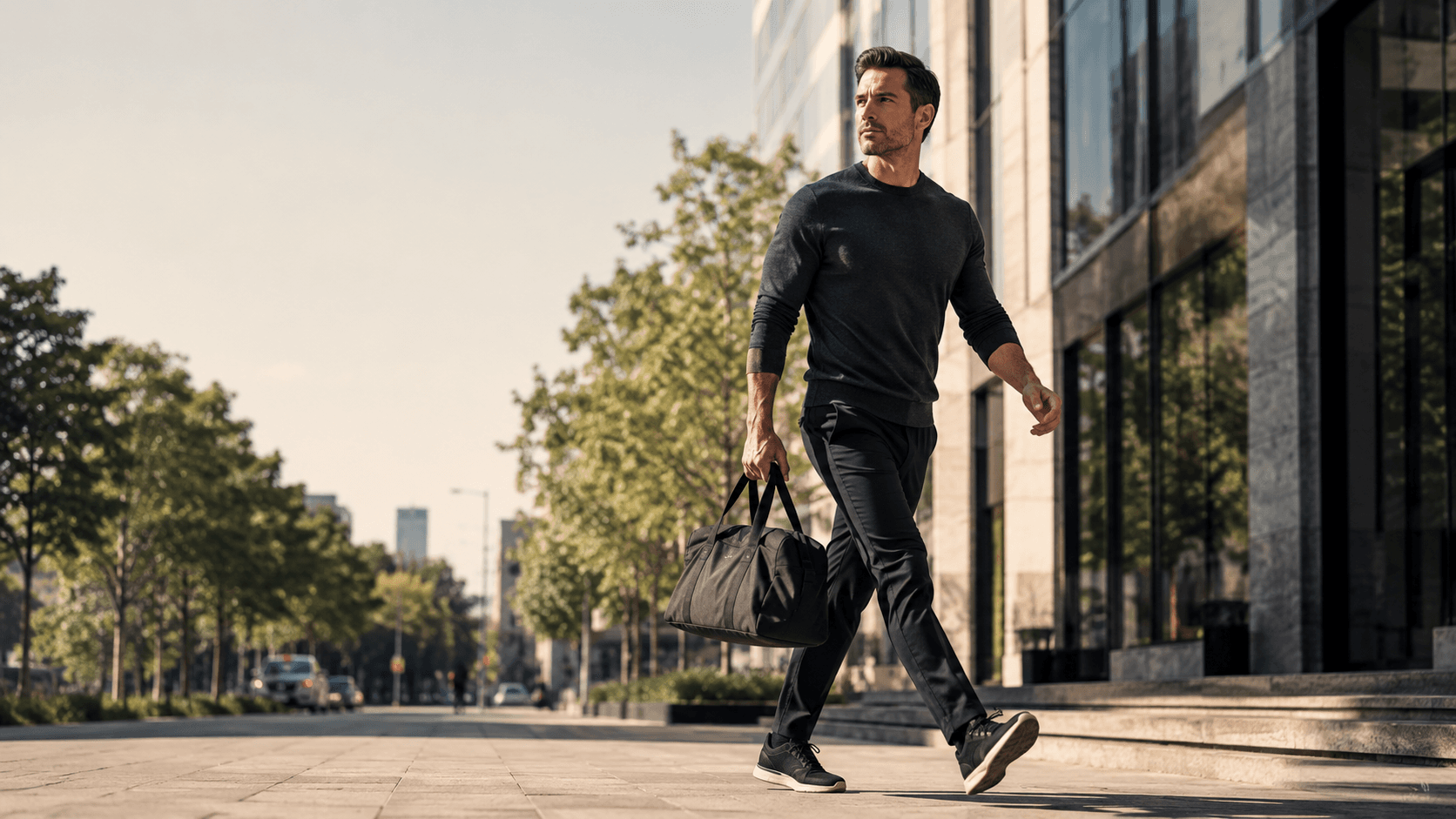 A professional man in his 40s walking through a city financial district with a gym kit bag in hand, embodying the executive who treats three focused weekly training sessions with the same priority as a board meeting