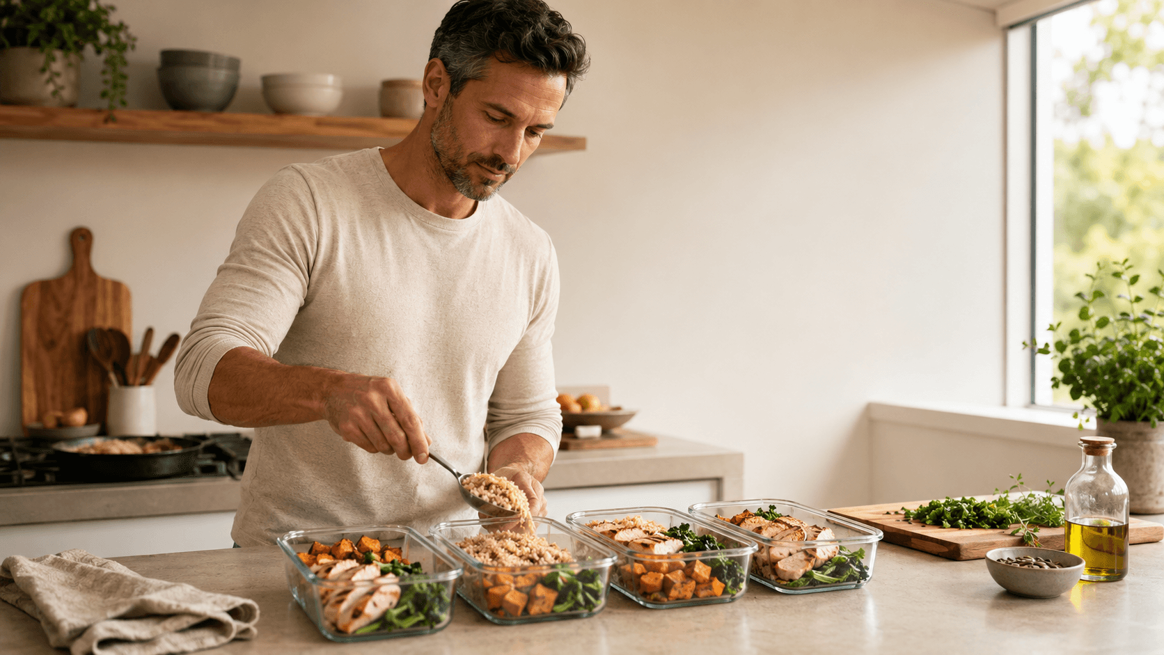 A man in his 40s meal-prepping in a sunlit kitchen, portioning grilled chicken, roasted squash and greens into glass containers, illustrating the structured nutrition approach that closes the gap between perceived and actual calorie, protein, fibre and sugar intake