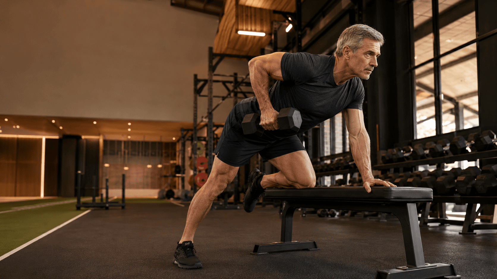 An adult in their 50s performing a controlled dumbbell movement with good form in a daylit gym, training with intention and moderate load — the smarter, joint friendly resistance training approach described in the table above