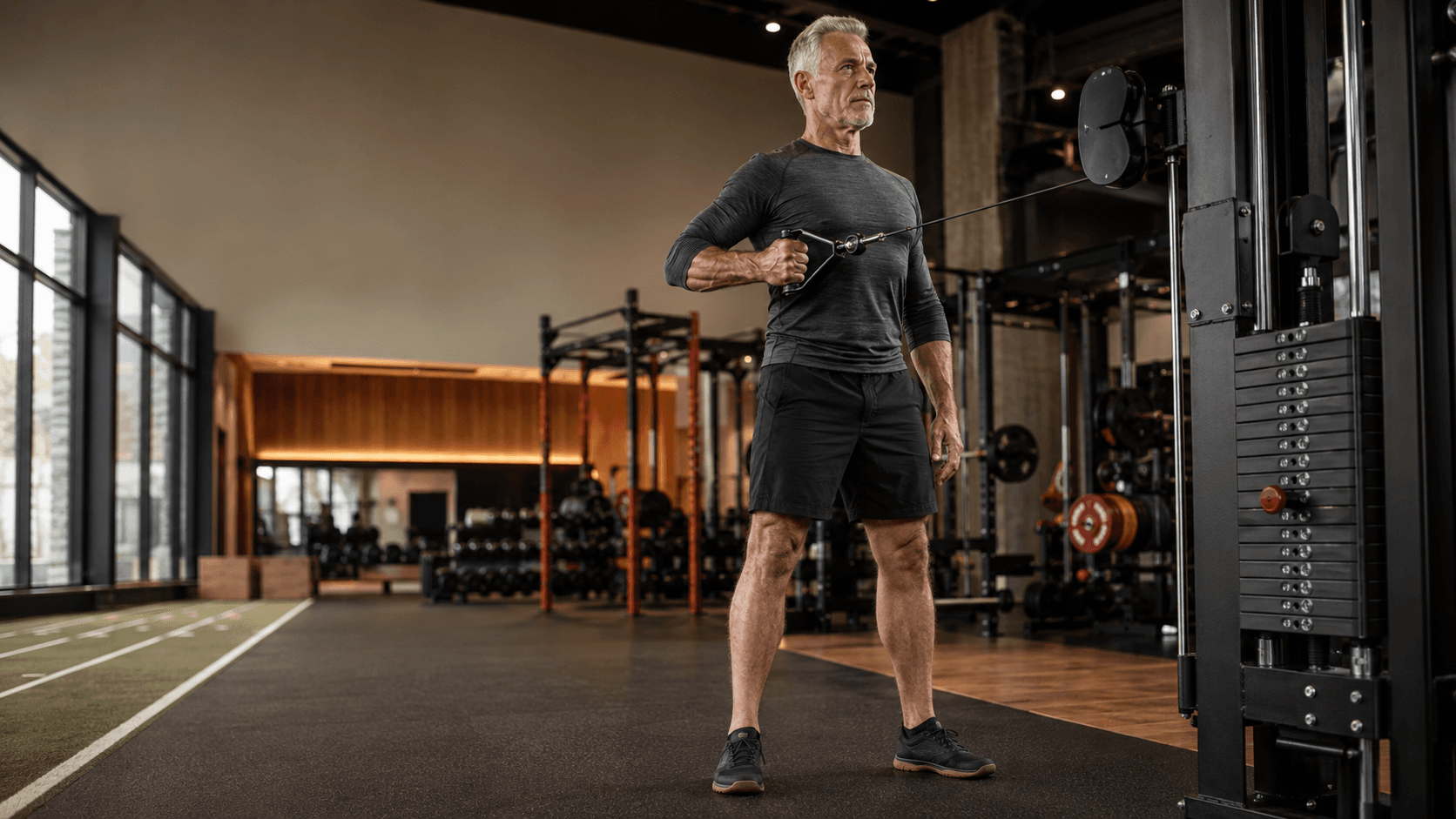 An adult in their 50s training confidently in a gym with a coach guiding form, embodying the message of the previous section that conditions like Type 2 diabetes, hypertension, high cholesterol and PCOS are not barriers to strength training but the strongest argument for it