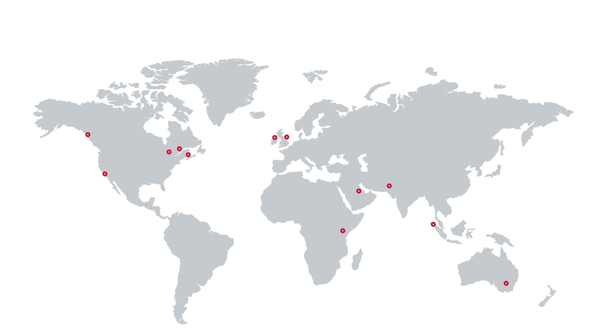 World map marking clients coached in Vancouver, Toronto, Chicago, New York, California, London, Dublin, Dubai, Delhi, Kenya, Singapore and Melbourne