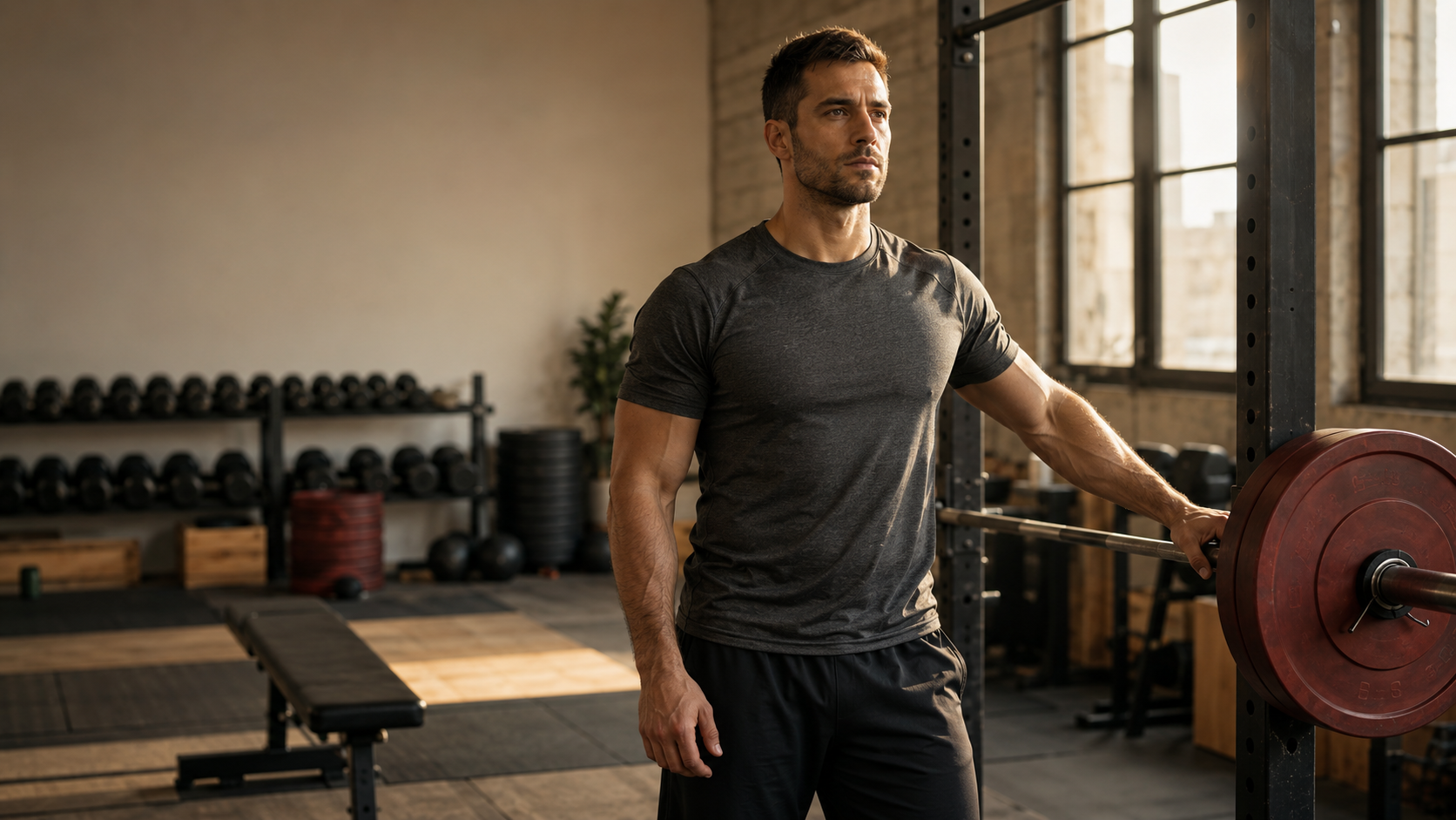 A man in his 30s standing in a sunlit gym next to a loaded barbell on a rack, embodying the central message that the thirties are the decade to start banking strength, muscle and health for the decades that follow