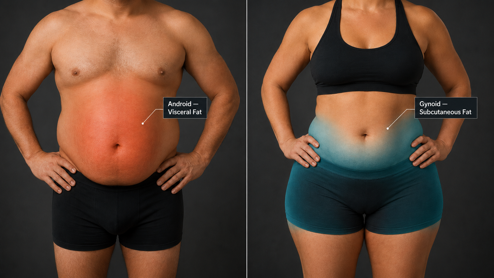 Male and female body silhouettes with colour-coded regions showing where each sex typically stores fat