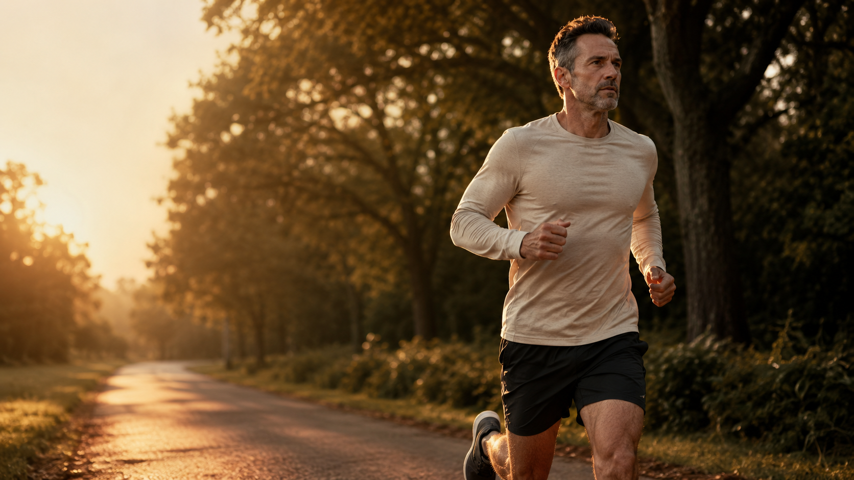 A lean, silver-haired man past 40 running steadily down a tree-lined country road at golden hour — embodying the central message of this article that cardiovascular health is built by years of consistent training, lower resting heart rate and lower blood pressure, not by reacting to the first symptom