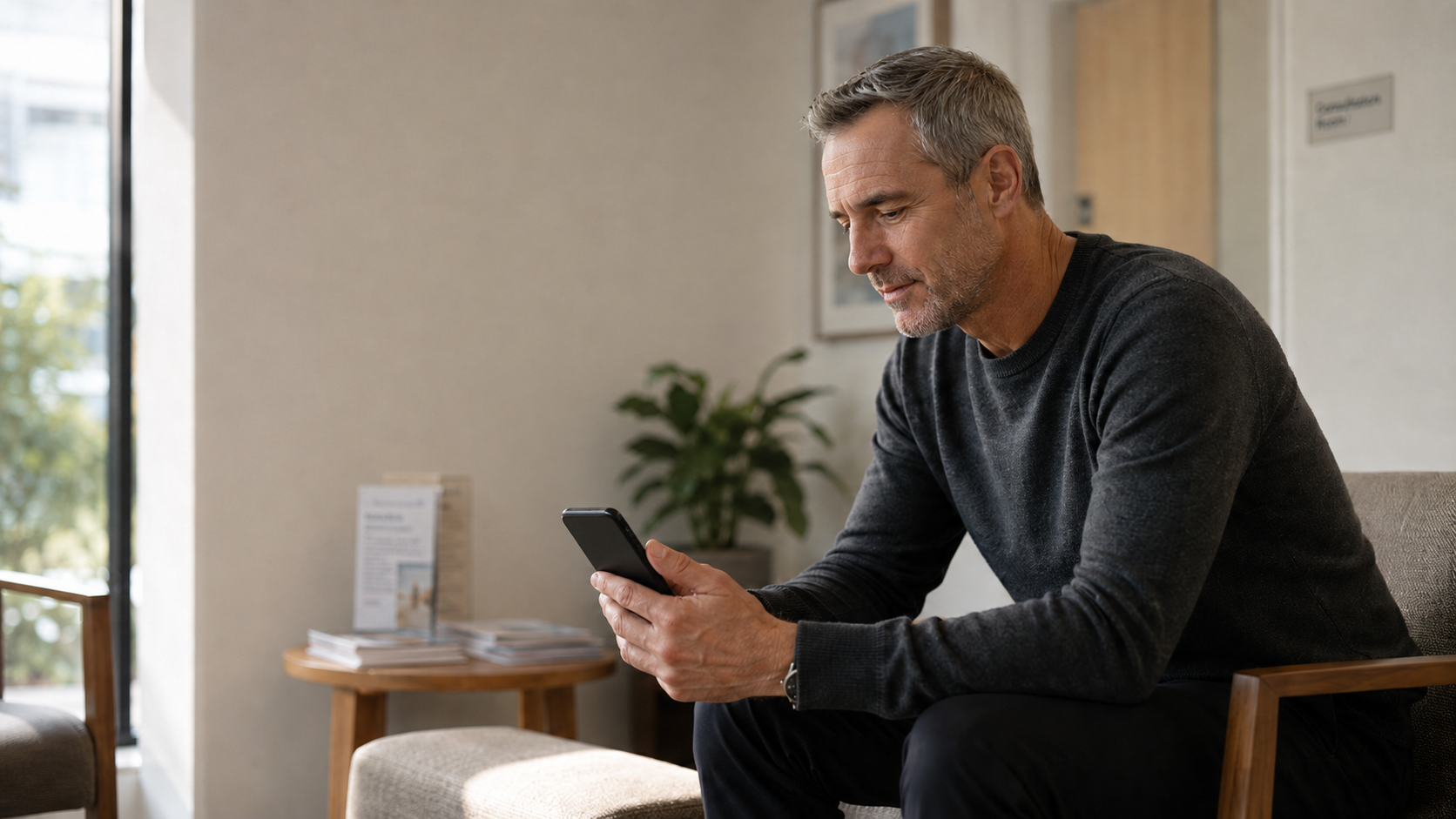 A silver-haired man past 40 sitting calmly on a couch looking at his smartphone with a quiet, considered expression — embodying the central message that prostate health begins with proactive engagement: booking the appointment, asking the questions and establishing a baseline before symptoms force the conversation