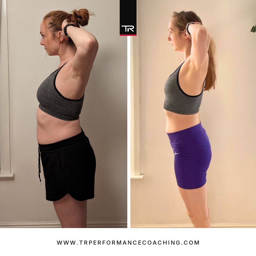 Jess, side profile with arms raised, before and after six months of training with Tanvir.